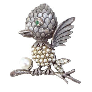 Vtg 1960s Tortolani Silver Tone Faux Pearl Rhinestone Baby Bird Pin Brooch